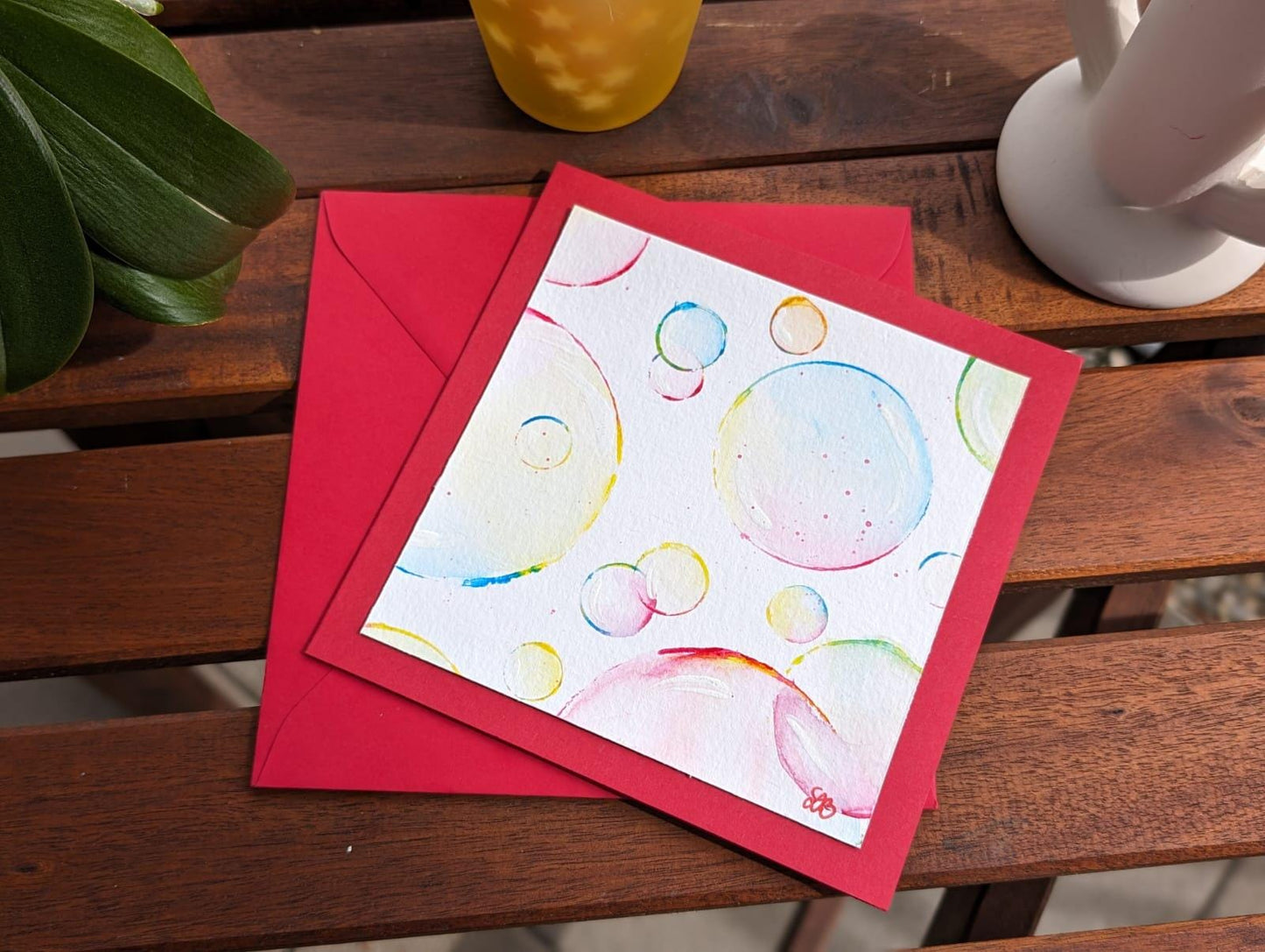 Hand Painted Happy Birthday Card: Colorful Soap Bubbles Mini Art