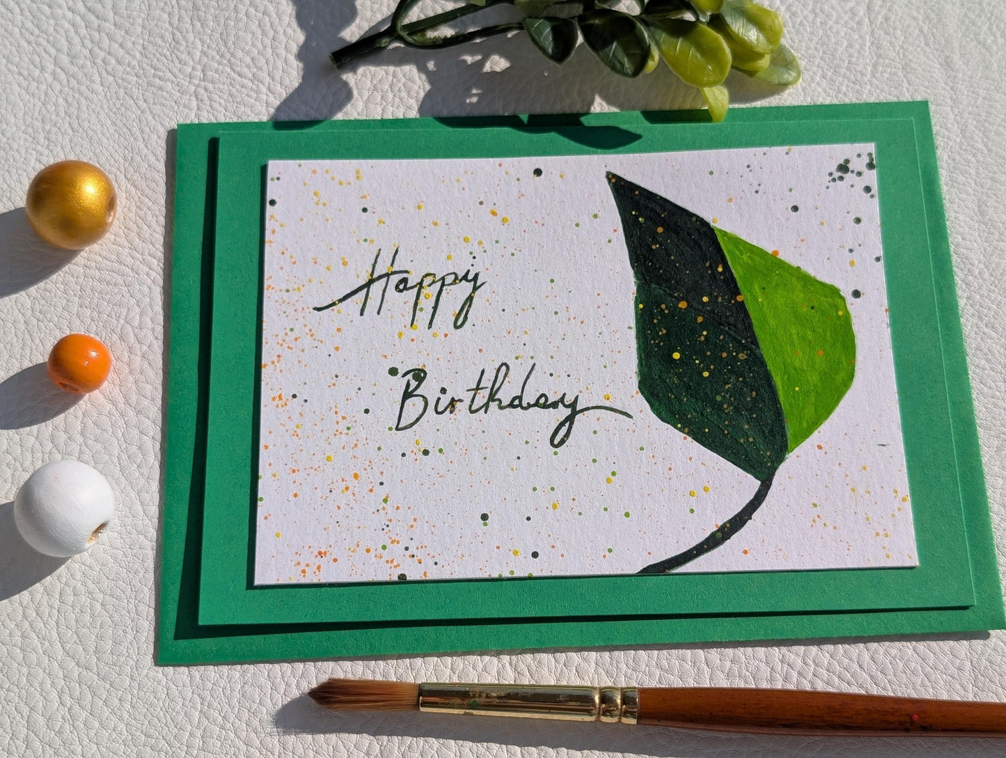 Hand painted Leaf Birthday Card: Original Acrylic Painting