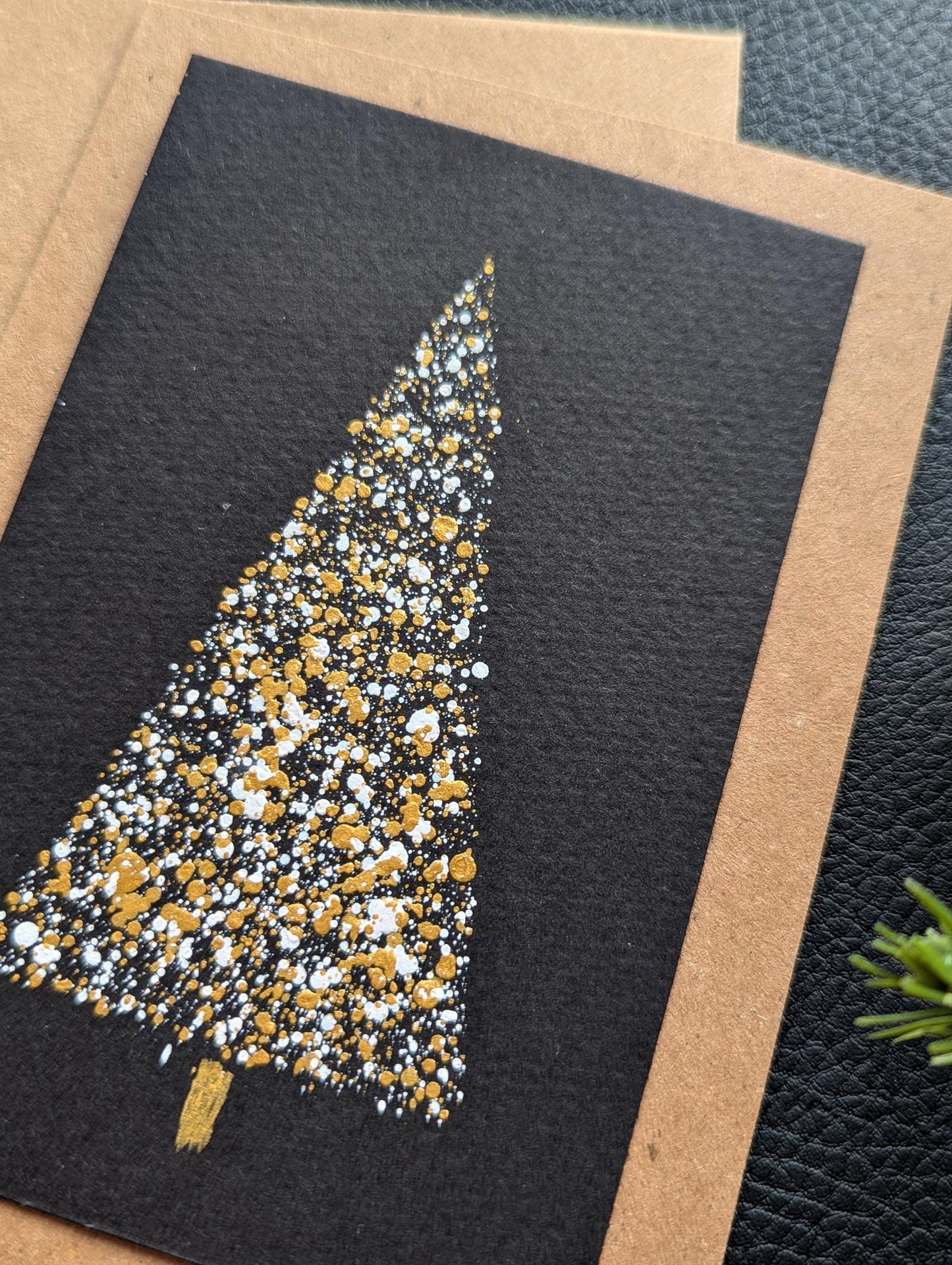Handmade Christmas Tree Card , Black & Gold, Minimalist Holiday Greeting Card