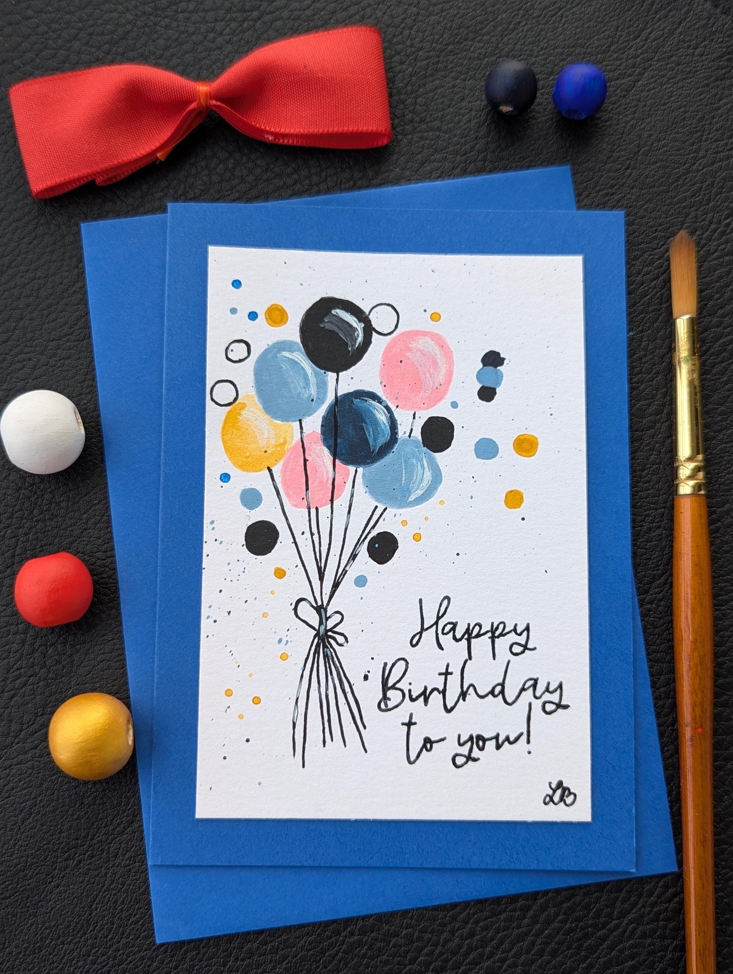 Handmade Birthday Card: Colorful Balloons, Hand-Painted with Blue Envelope