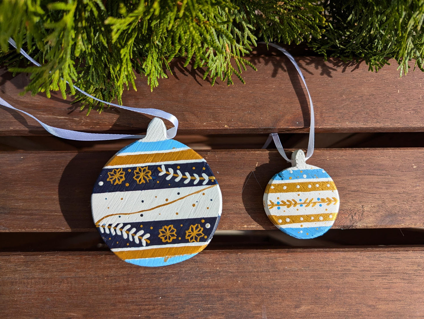 Hand Painted Boho Christmas Ornaments: Blue & Gold Wooden Decorations