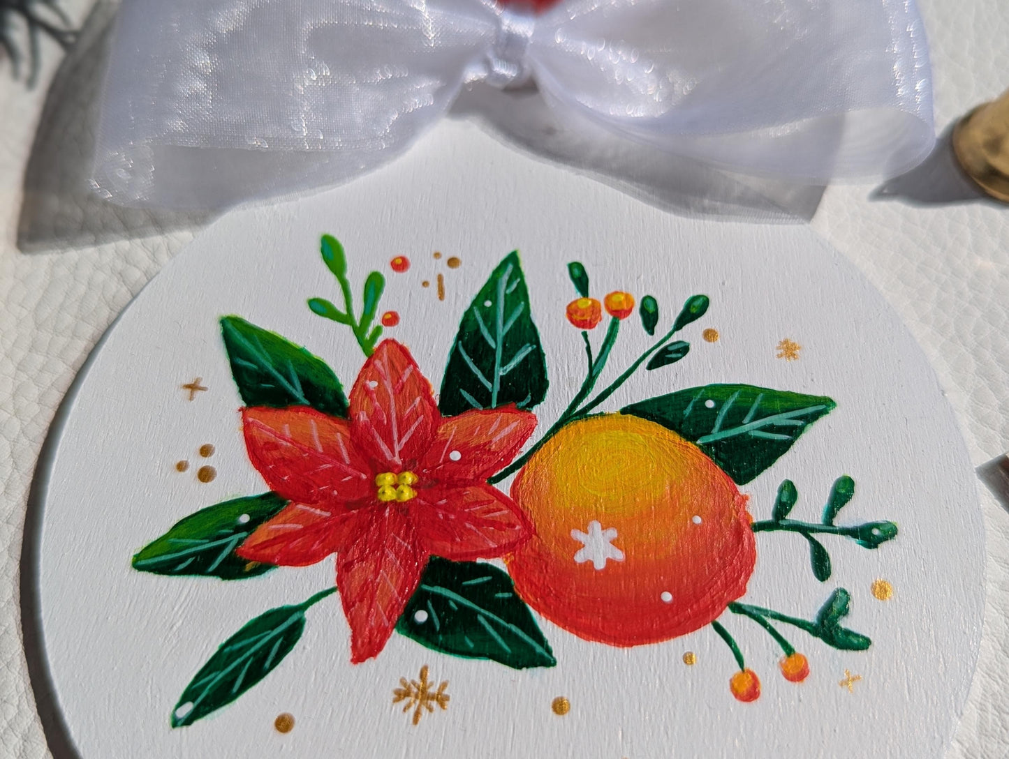 Hand-Painted Wooden Christmas Ornament: Christmas Flowers and Orange Design