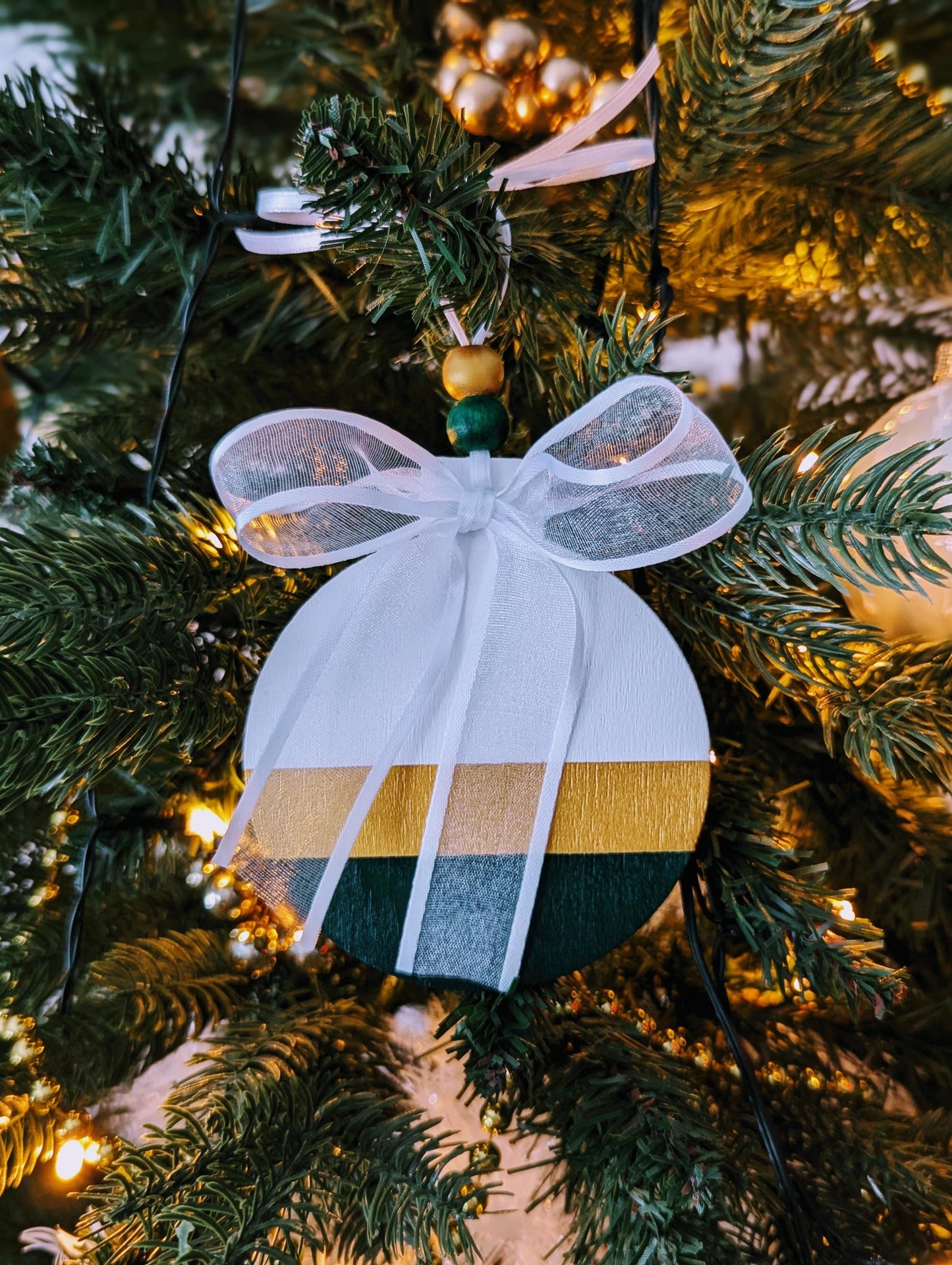 Hand-Painted Scandinavian Christmas Ornament: Gold & Beige Wood