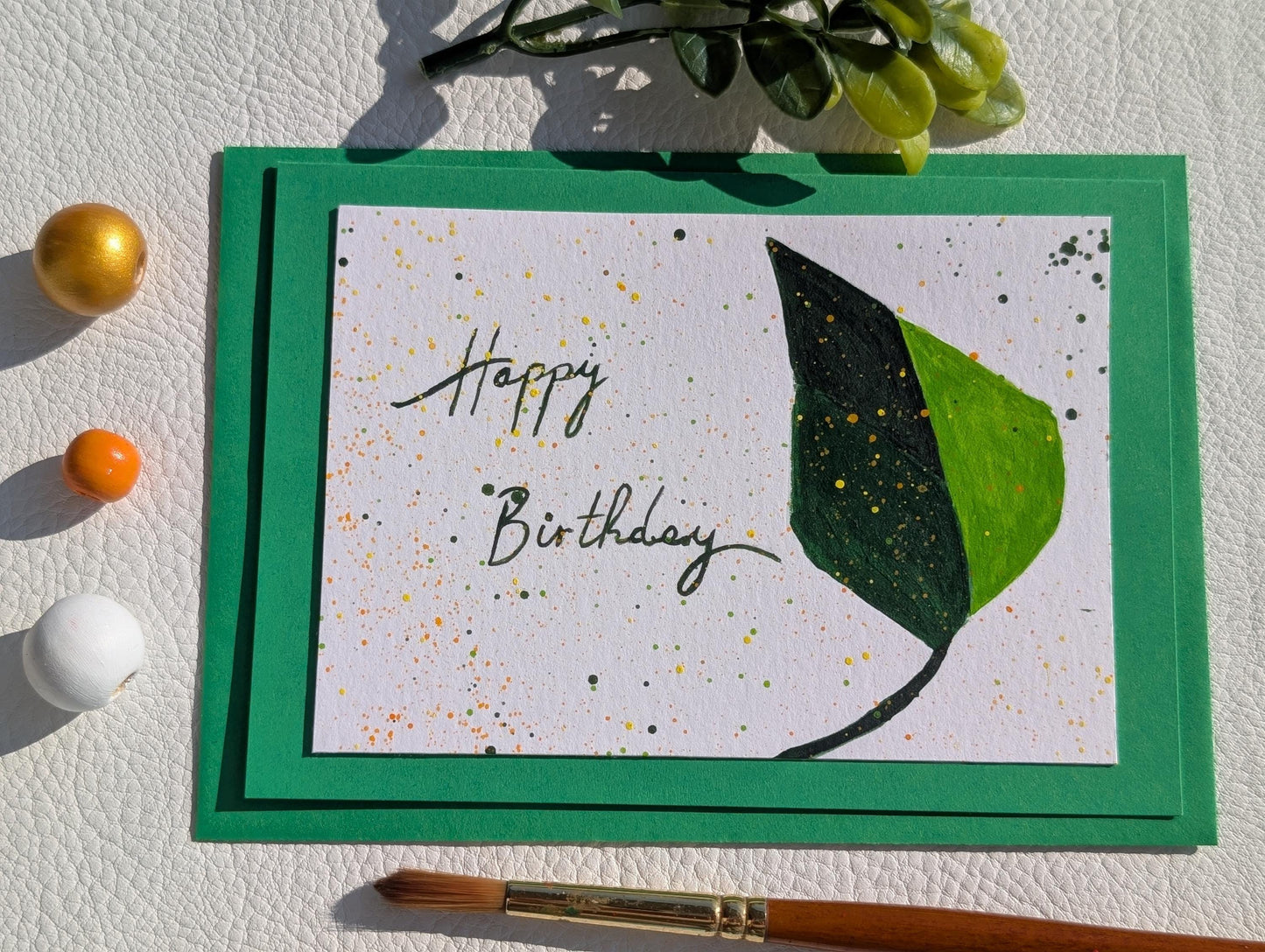 Hand painted Leaf Birthday Card: Original Acrylic Painting