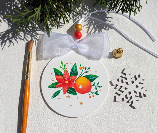 Hand-Painted Wooden Christmas Ornament: Christmas Flowers and Orange Design