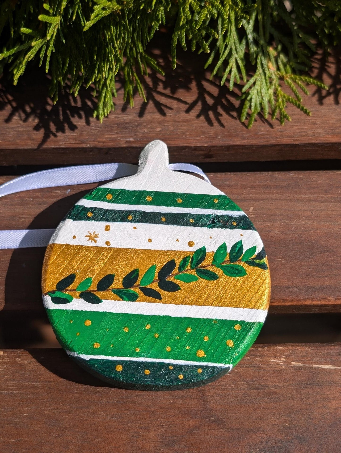 Hand-Painted Wooden Christmas Ornament: Green & Gold Boho Decor