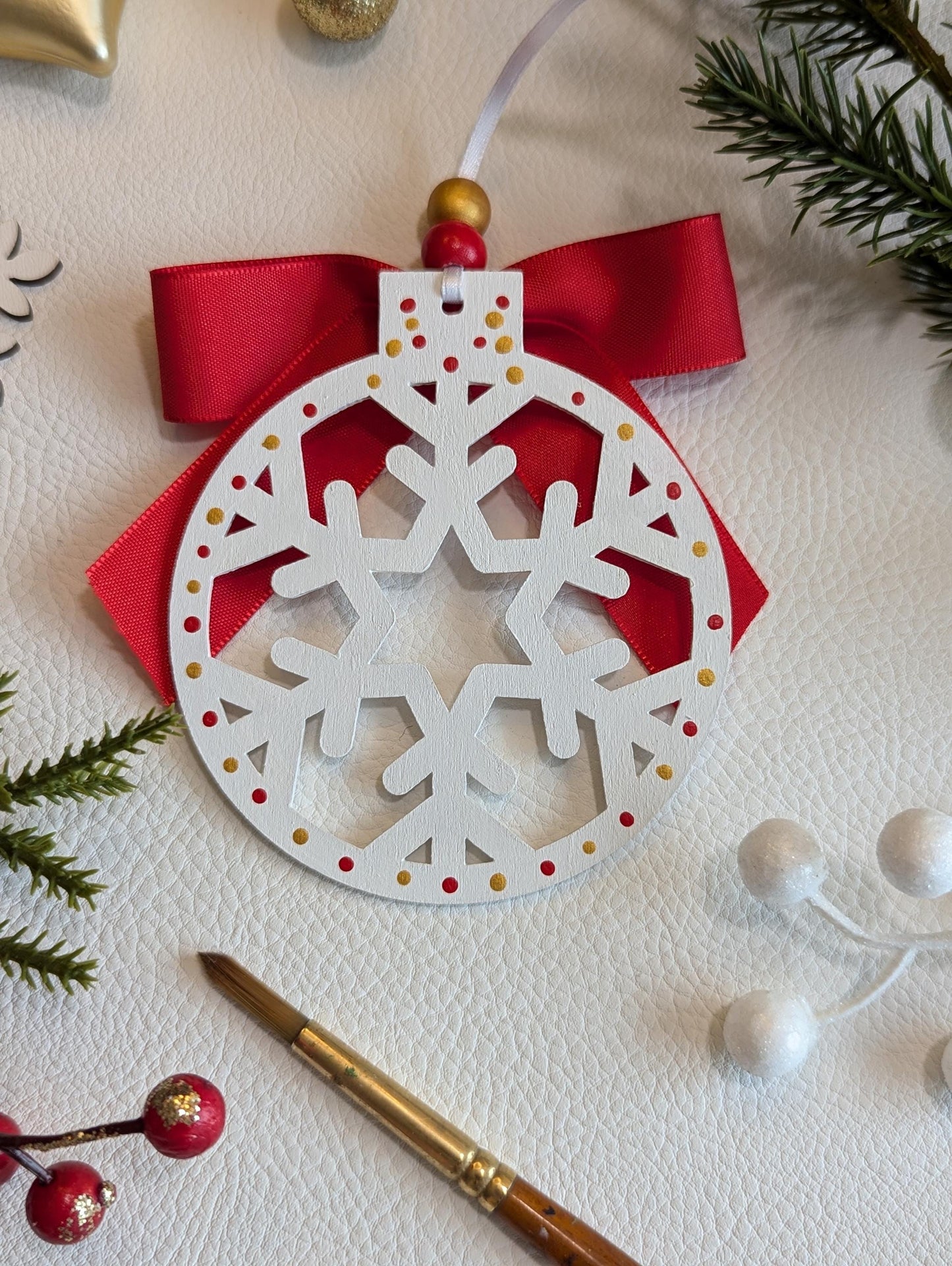 Hand-Painted Wooden Snowflake Ornament - Christmas Decoration