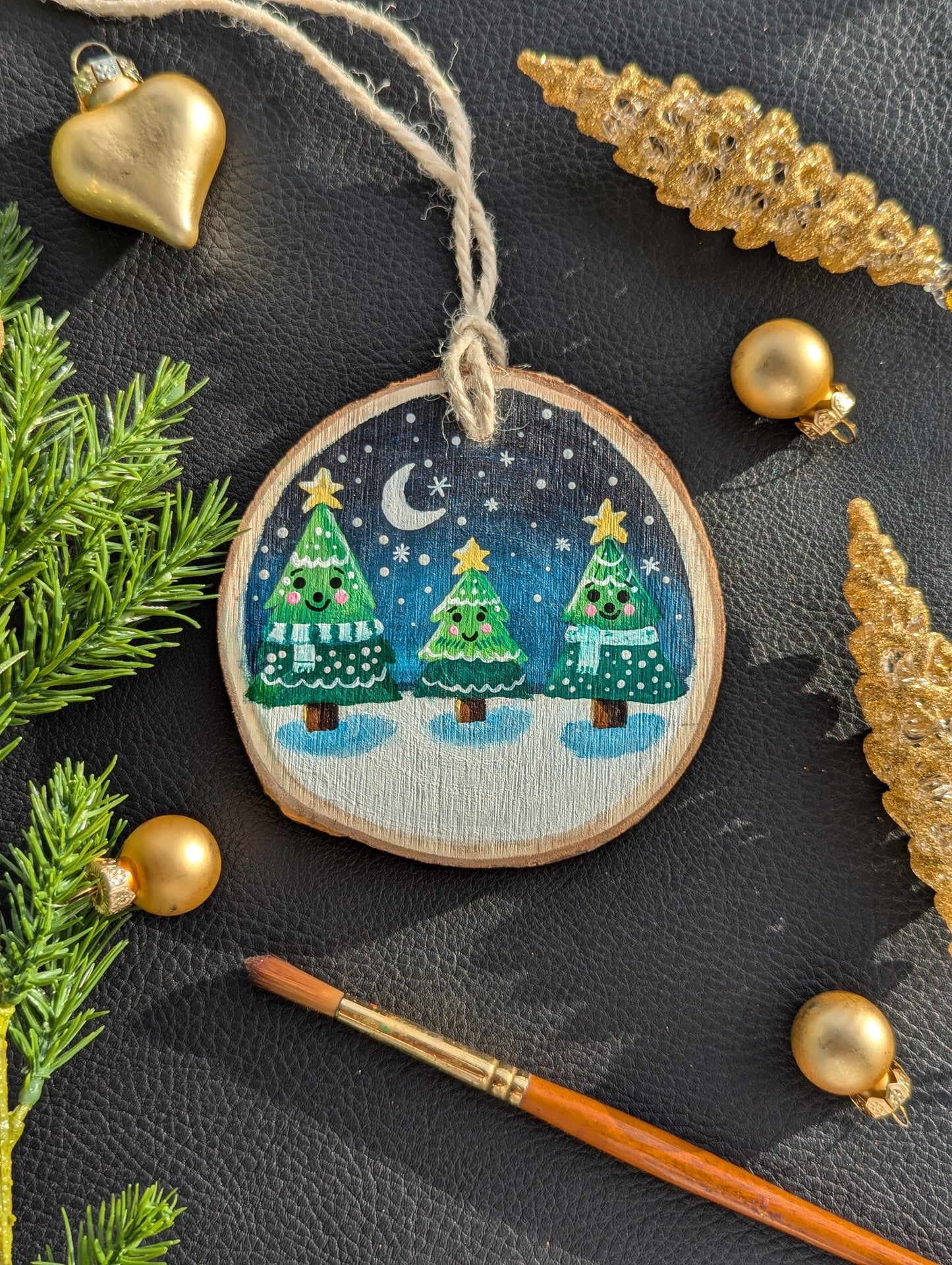 Hand-Painted Wood Slice Christmas Ornament: Farmhouse Tree Family