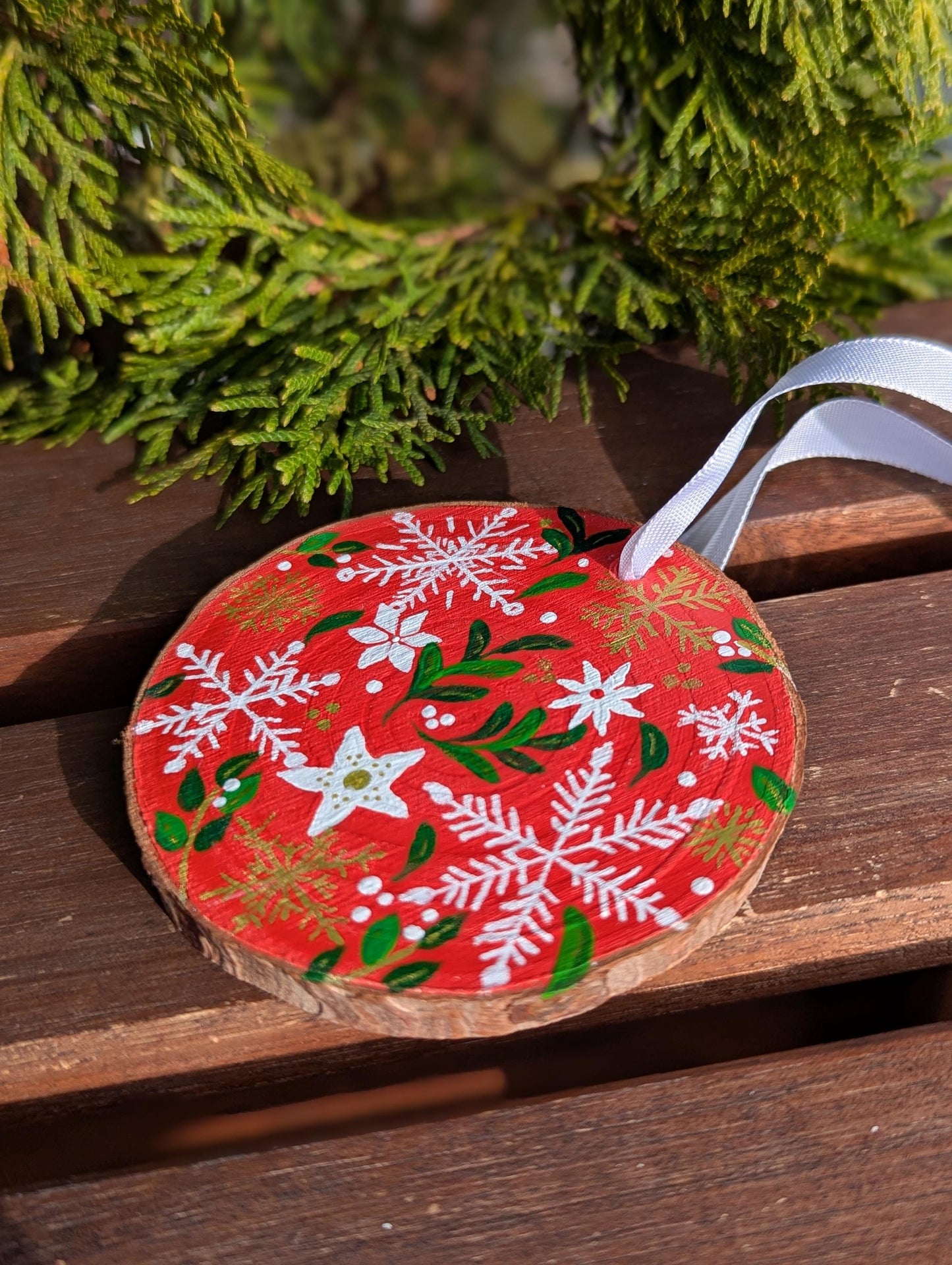 Hand-Painted Rustic Christmas Ornament: Red Floral Snowflake Wood Slice