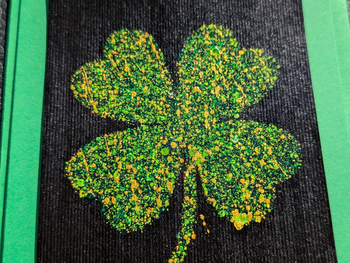 Hand Painted Acrylic Good Luck Card: Black, Green & Gold