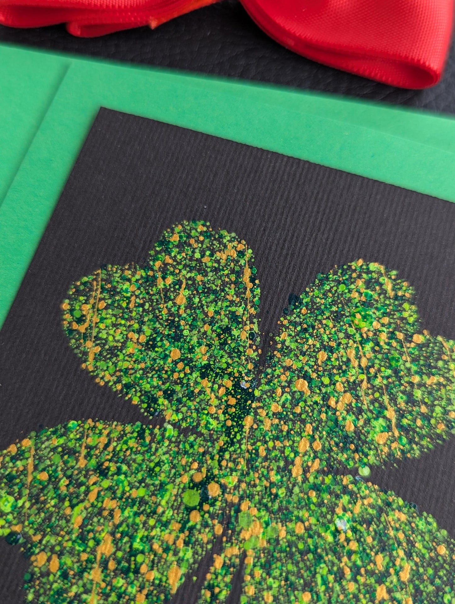 Hand Painted Acrylic Good Luck Card: Black, Green & Gold