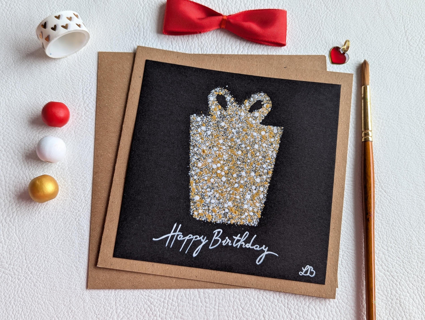 Hand Painted Birthday Card: Gold Gift Box Design