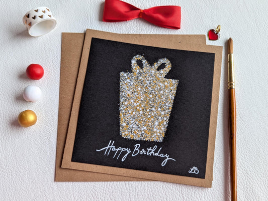Hand Painted Birthday Card: Gold Gift Box Design