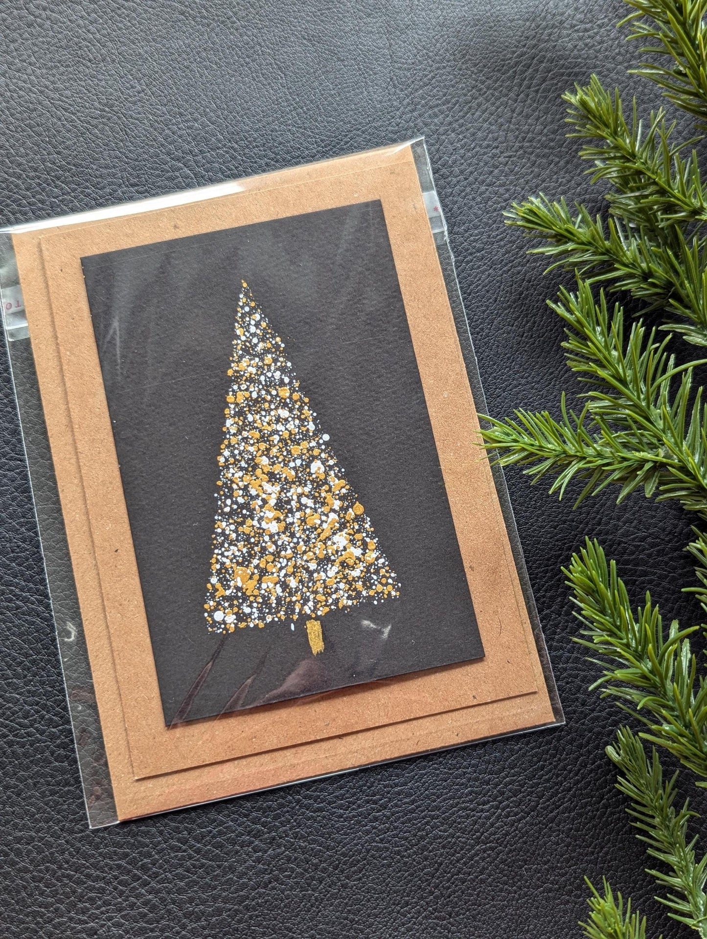 Handmade Christmas Tree Card , Black & Gold, Minimalist Holiday Greeting Card