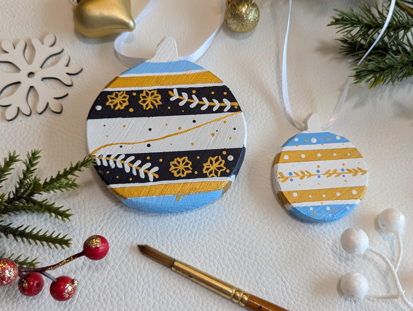Boho Christmas Ornament Set: Hand-Painted Wooden Holiday Decorations