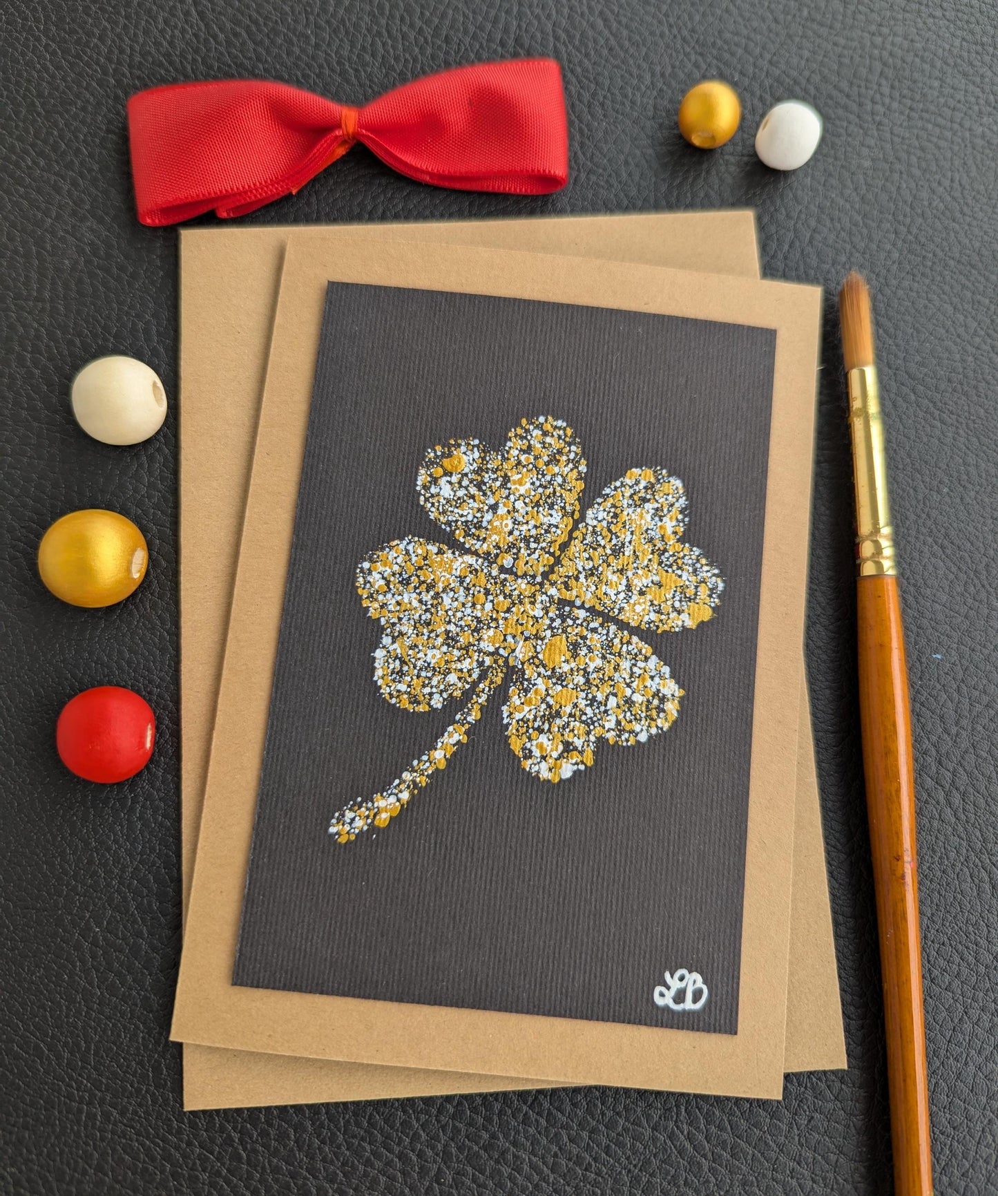 Handmade Good Luck Clover Card: Black & Gold Mini Painting