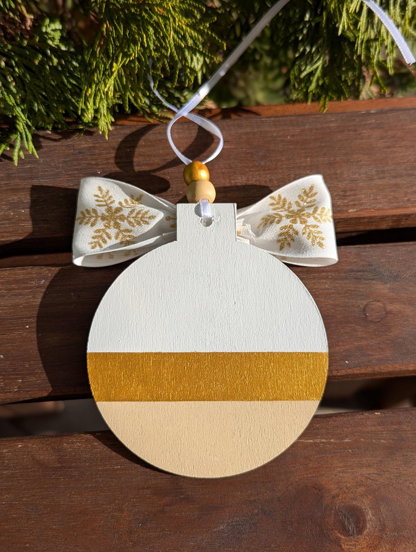 Personalized Scandinavian Christmas Ornament: Hand-Painted Wooden Bauble with Bow