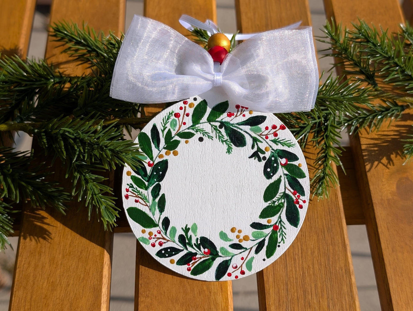 Hand Painted Wooden Christmas Wreath Ornament: Unique Holiday Decor