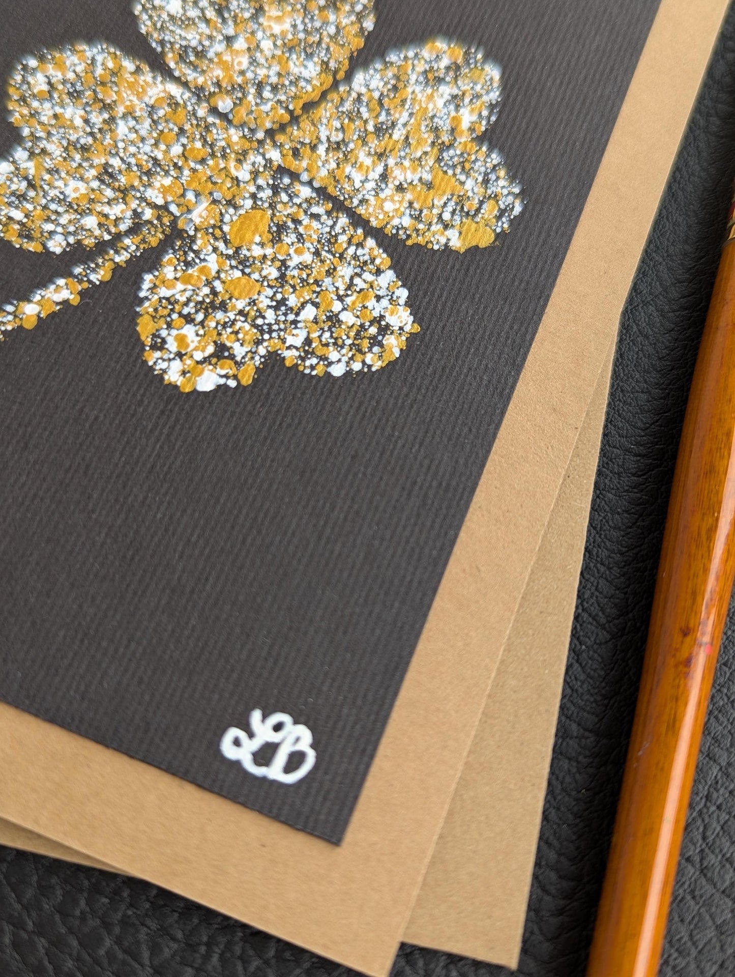 Hand Painted Acrylic Good Luck Card: Black, Green & Gold