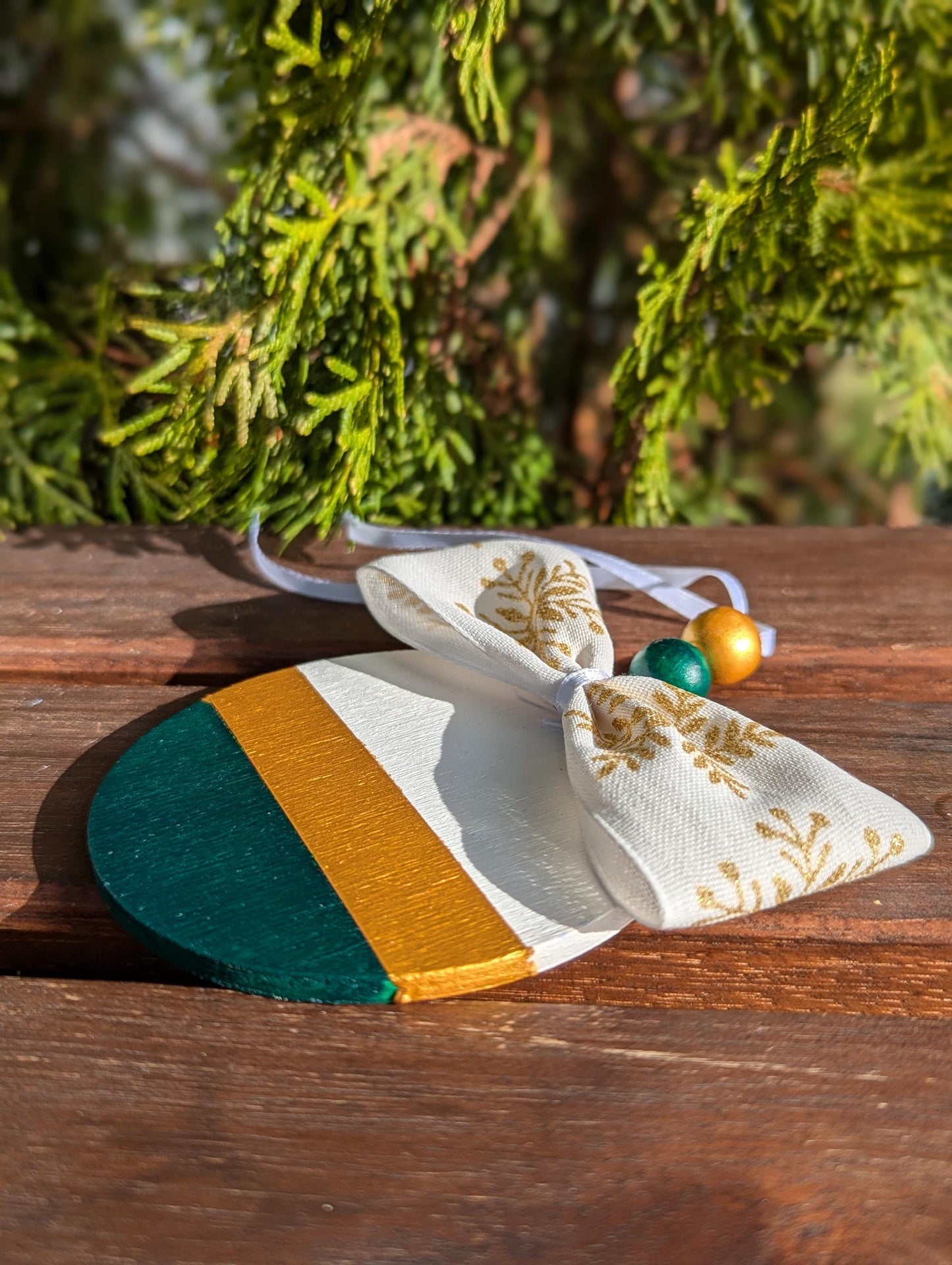 Personalized Handmade Scandinavian Wooden Christmas Ornament: Gold & Green Decor