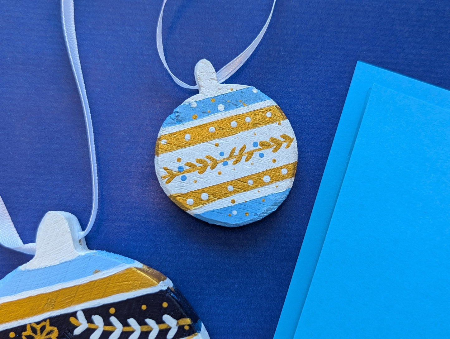 Hand-Painted Blue Wood Christmas Ornaments & Card Set: Boho Holiday Decor