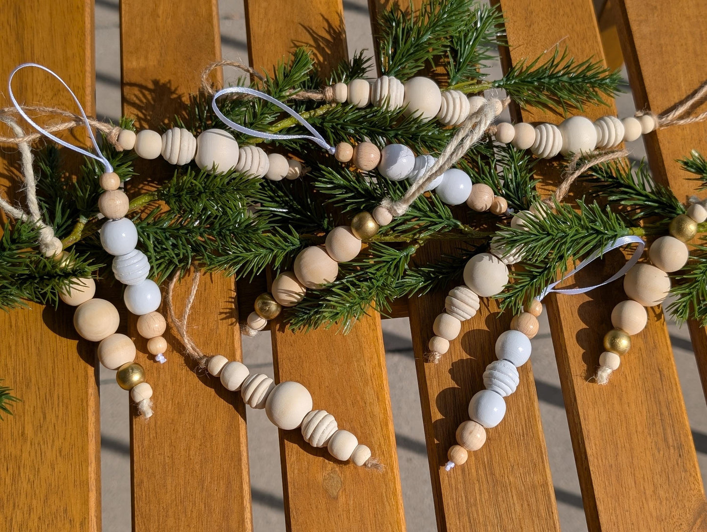 Handmade Wooden Bead Christmas Ornament Set: Rustic Holiday Decor