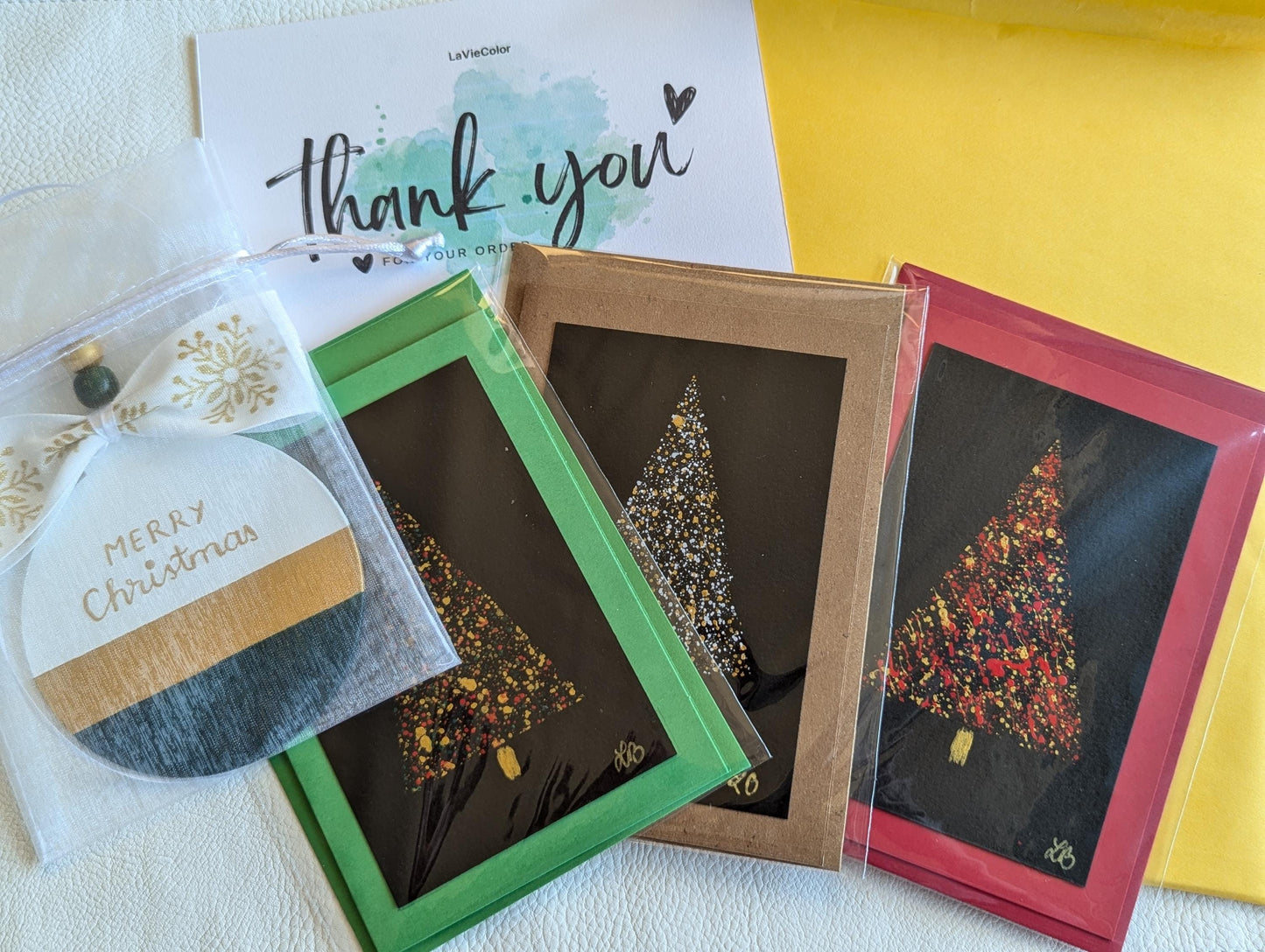 Handmade Christmas Tree Card , Green, Black & Gold, Minimalist Holiday Greeting Card