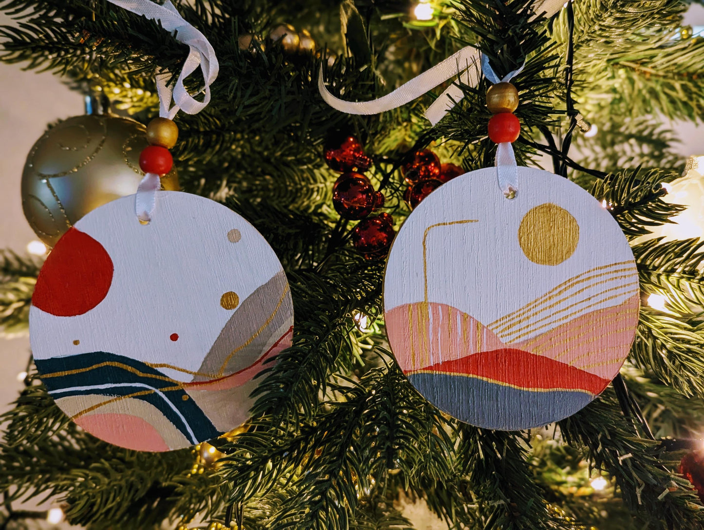 Hand-Painted Boho Christmas Ornaments: Wood Holiday Decor, Set of 2
