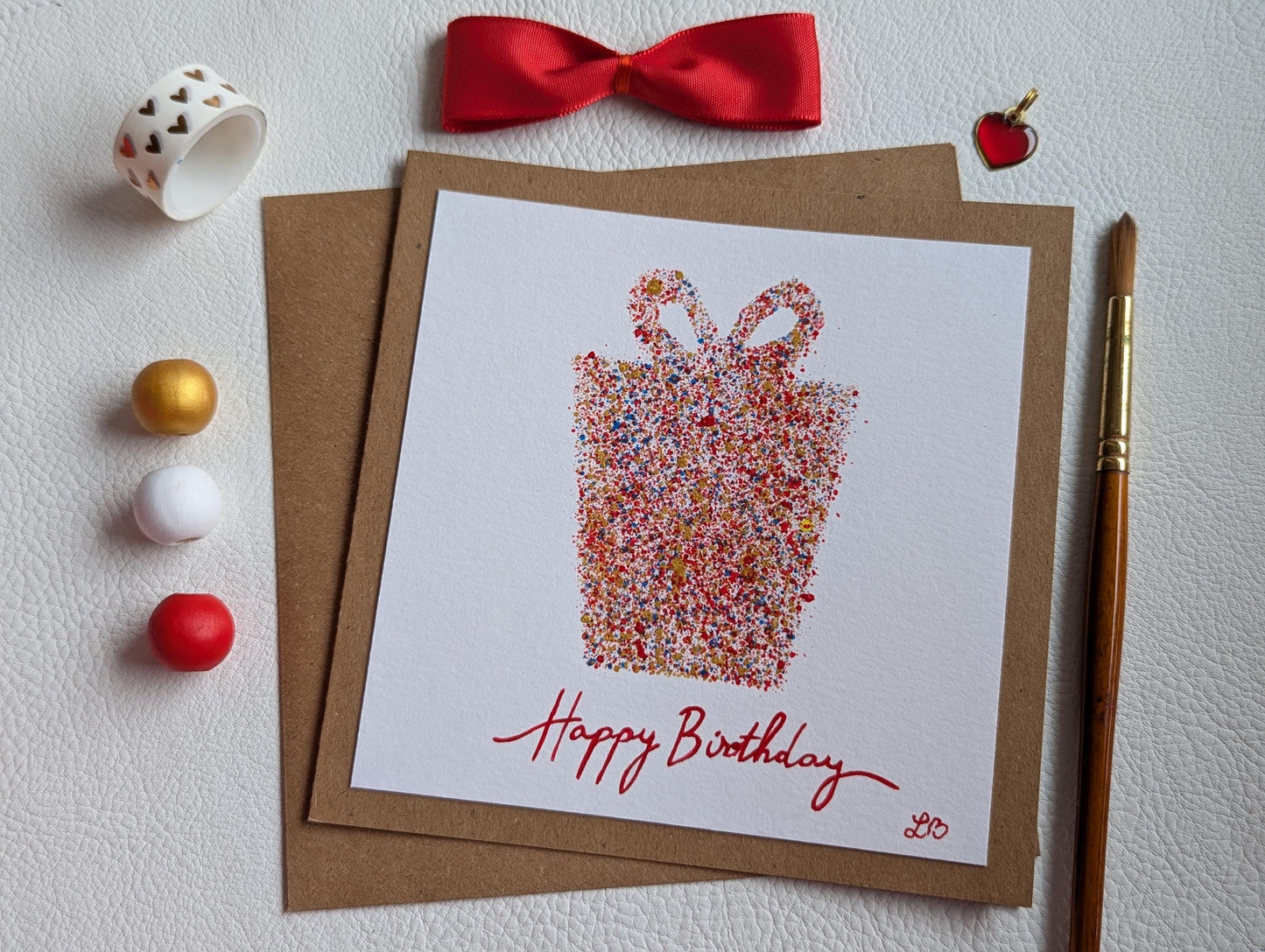 Hand Painted Birthday Card: Gold Gift Box Design