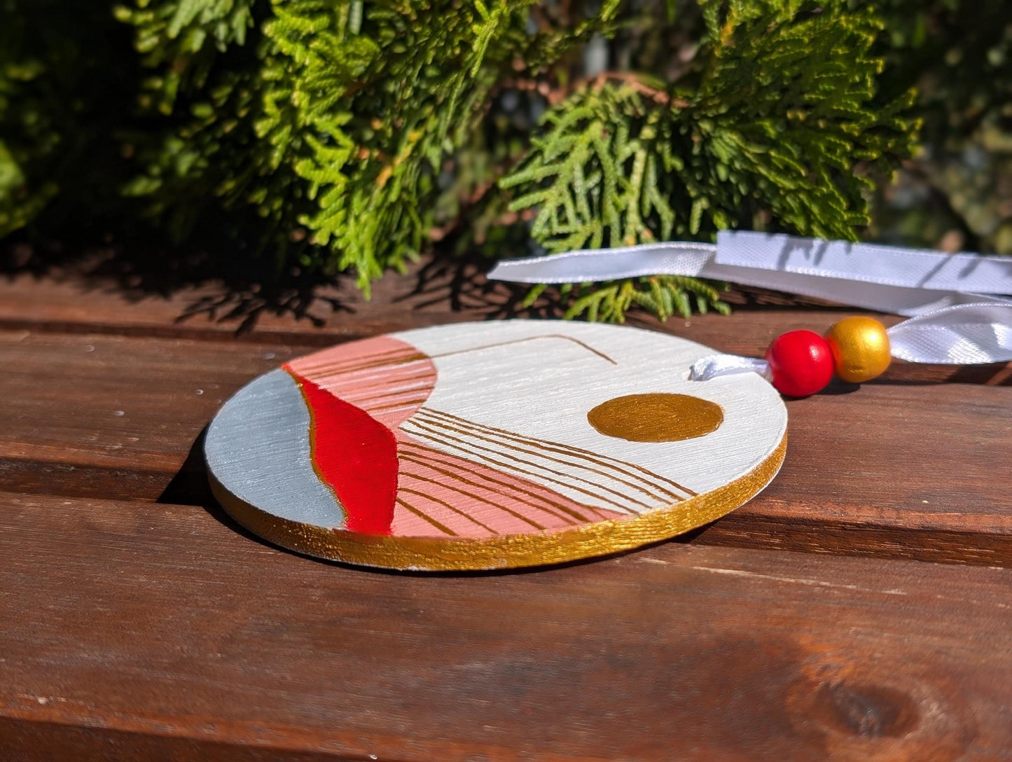 Hand-Painted Boho Christmas Ornaments: Wood Holiday Decor, Set of 2