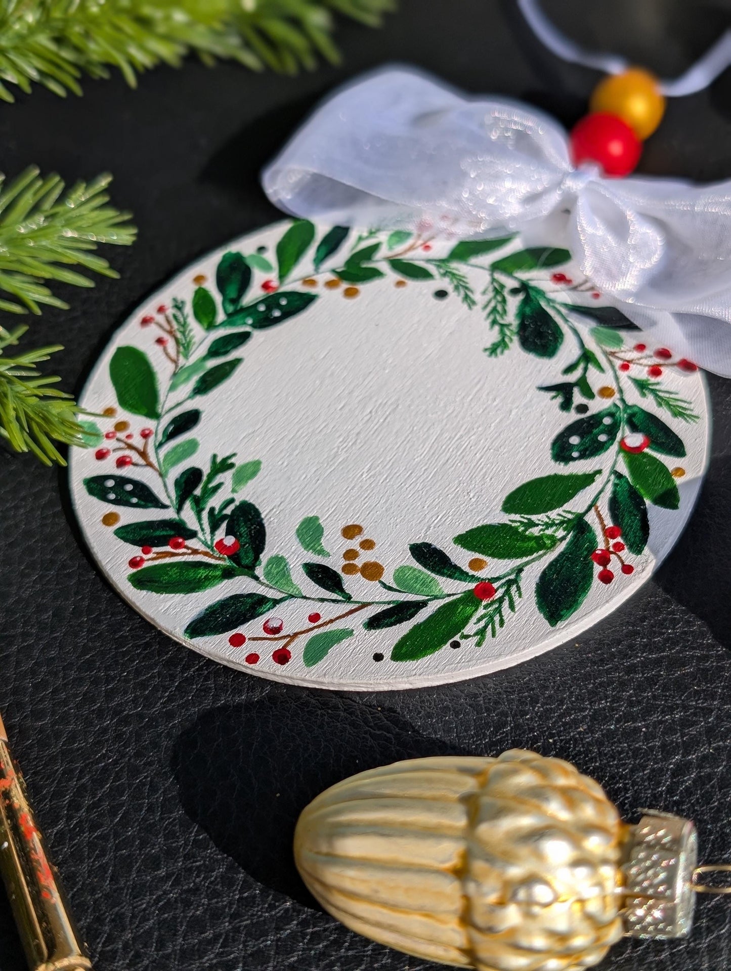 Hand-Painted Wooden Christmas Ornament: Wreath Design
