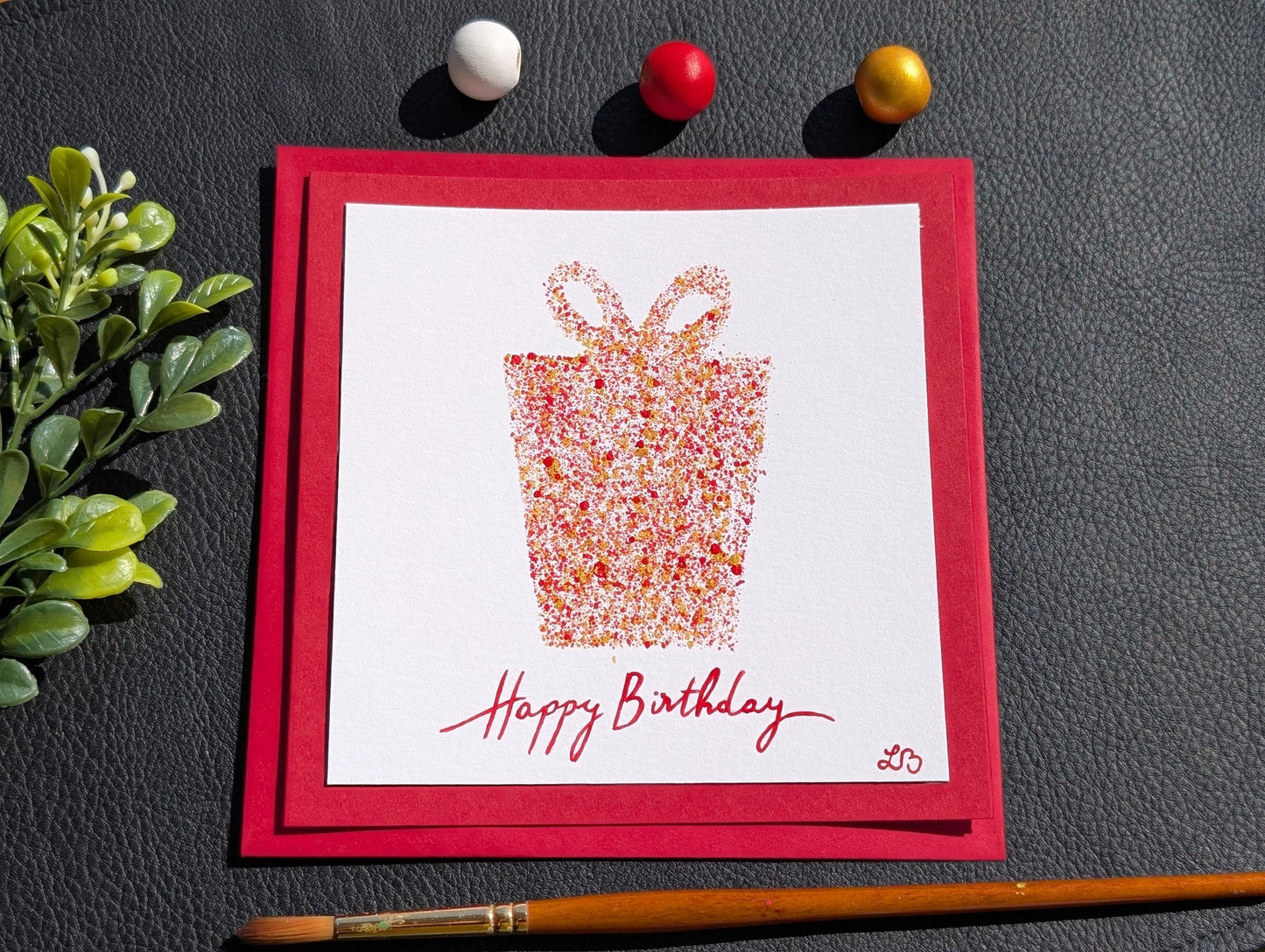 Hand Painted Birthday Card: Gold Gift Box Design