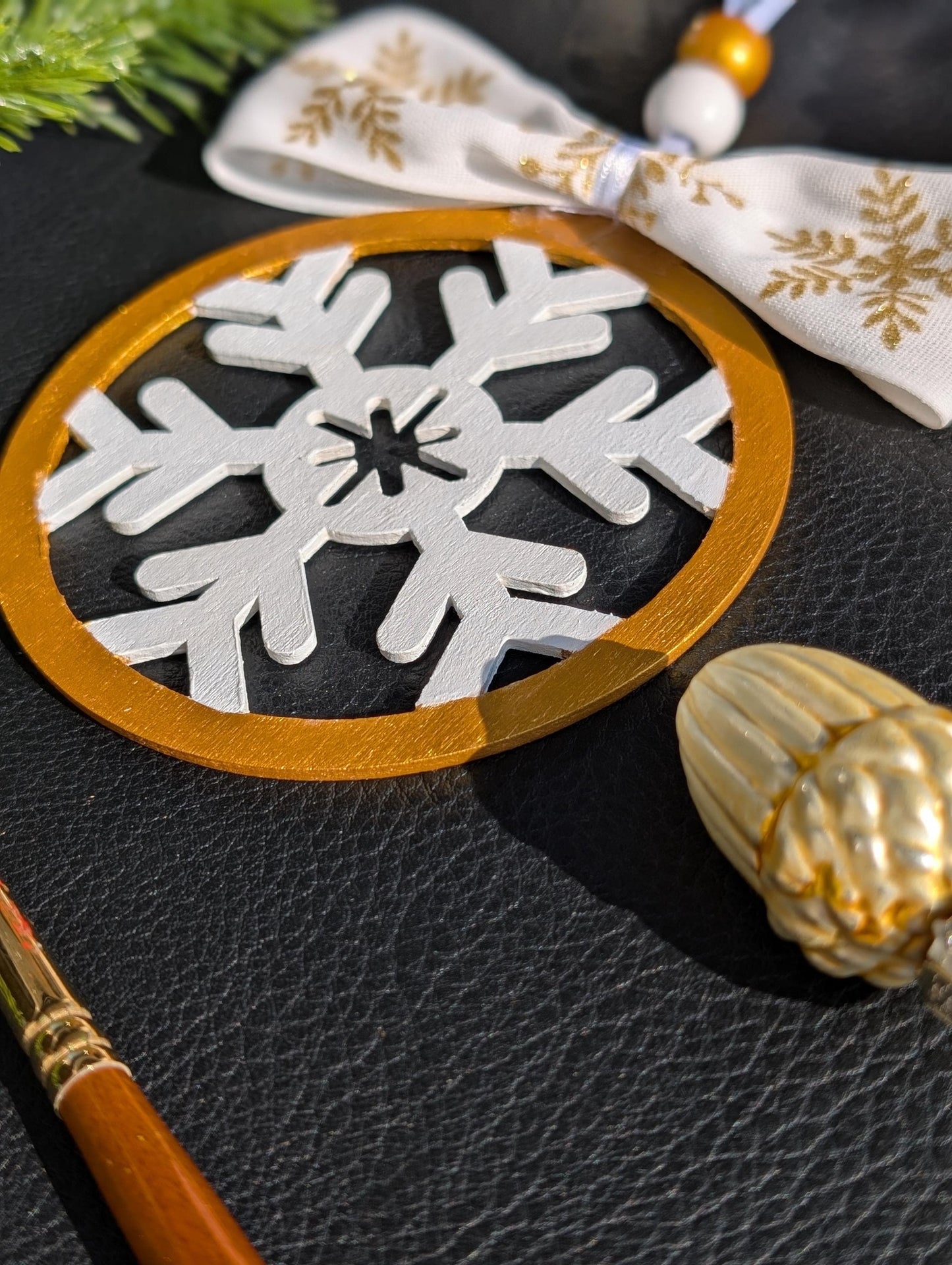 Hand-Painted Wooden Snowflake Ornament - Christmas Decoration