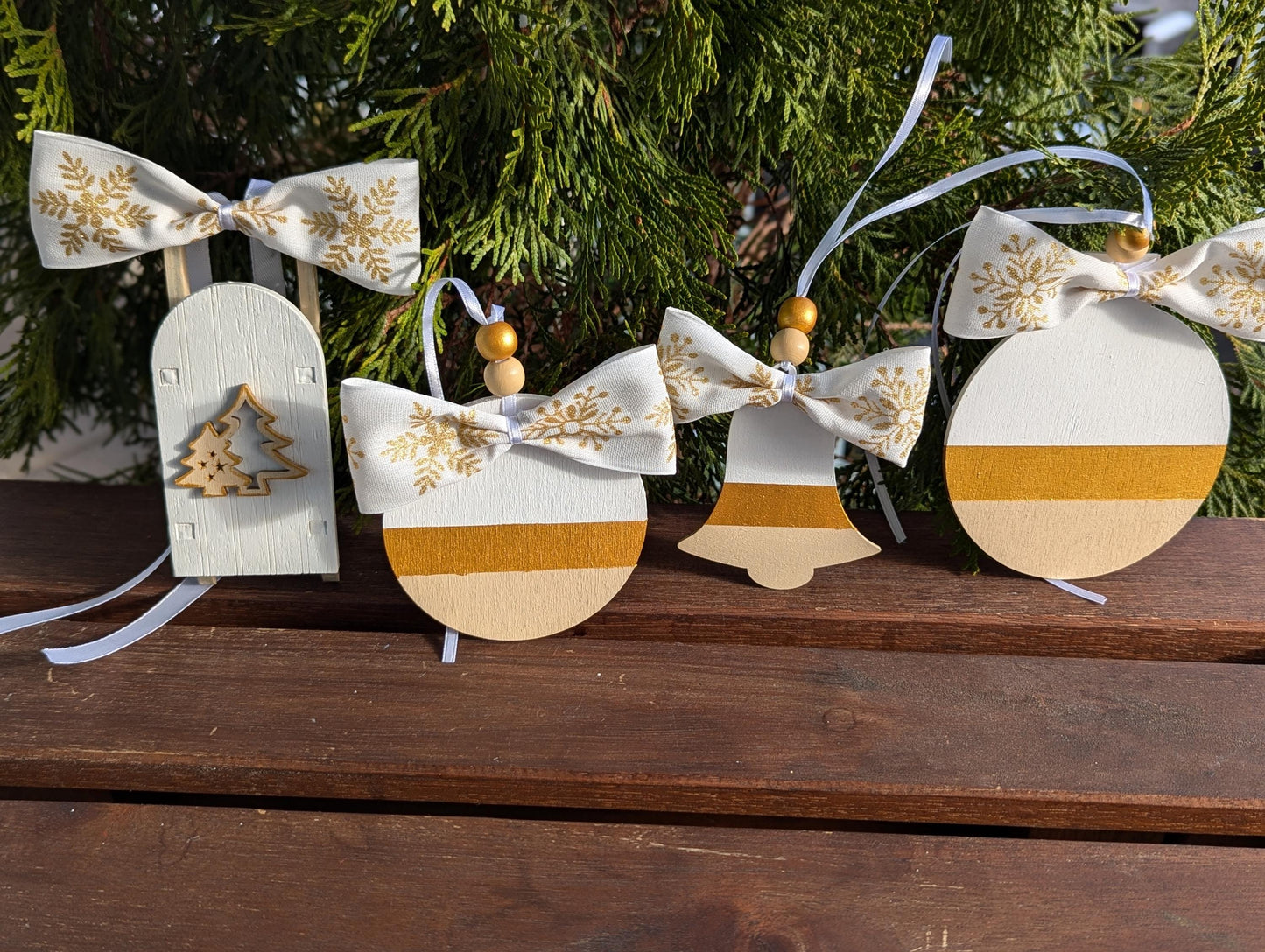 Scandinavian Christmas Ornaments Set: Hand-Painted Wood, Gold Accent