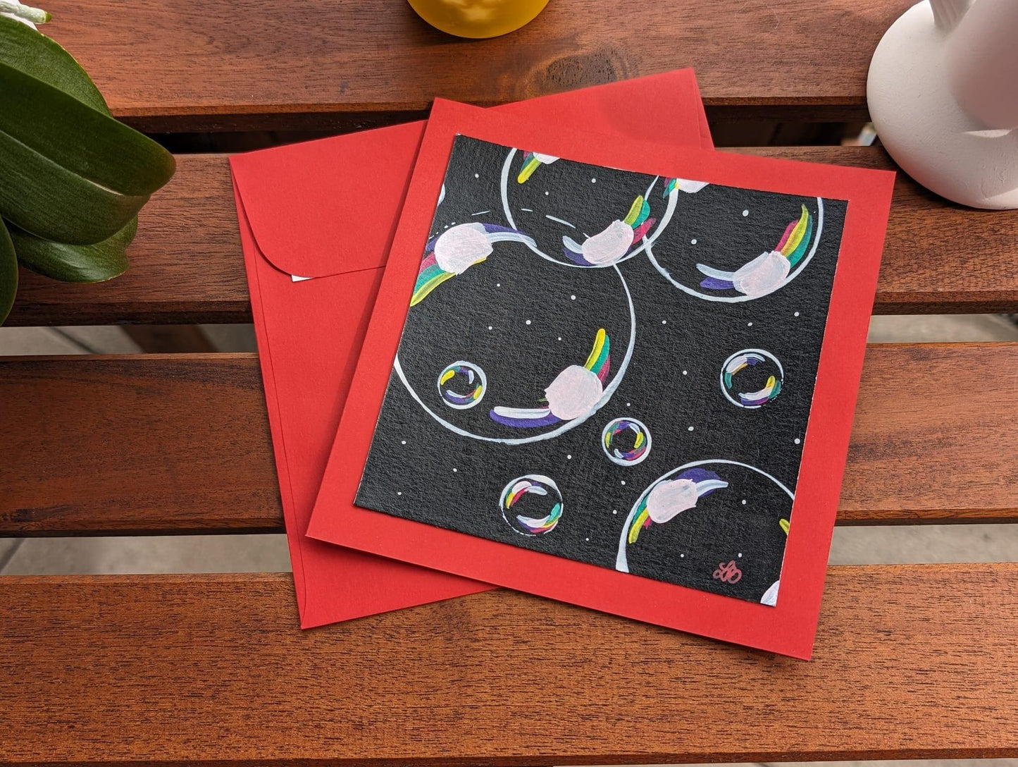 Hand Painted Happy Birthday Card: Colorful Soap Bubbles Mini Art