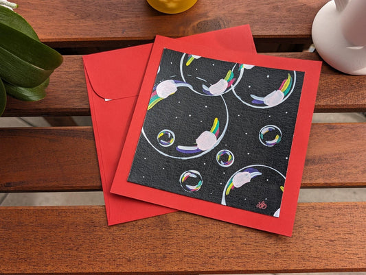 Hand Painted Happy Birthday Card: Colorful Soap Bubbles Mini Art