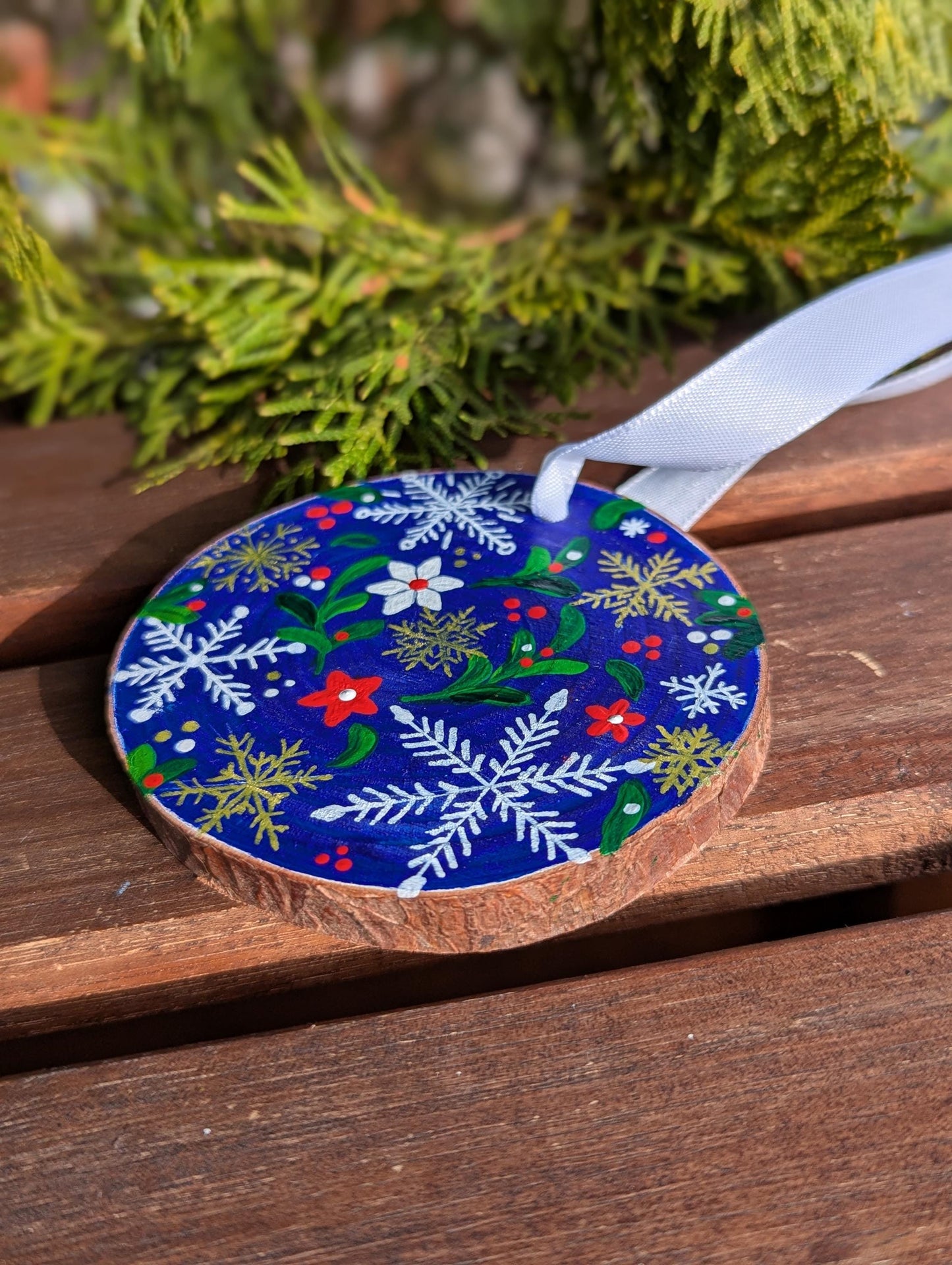 Hand-Painted Wood Slice Christmas Ornament: Blue Floral Snowflake Design