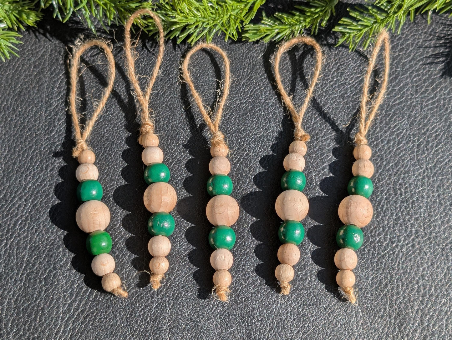 Handmade Wooden Bead Christmas Ornament Set: Rustic Holiday Decor