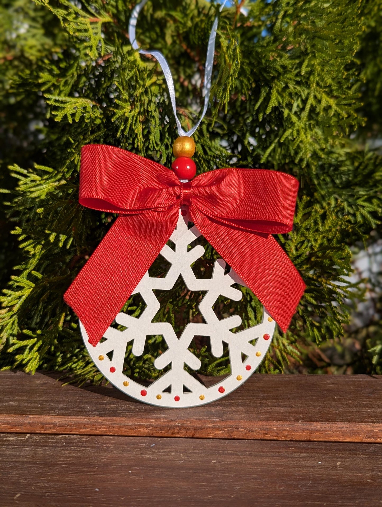 Hand-Painted Wooden Snowflake Ornament - Christmas Decoration