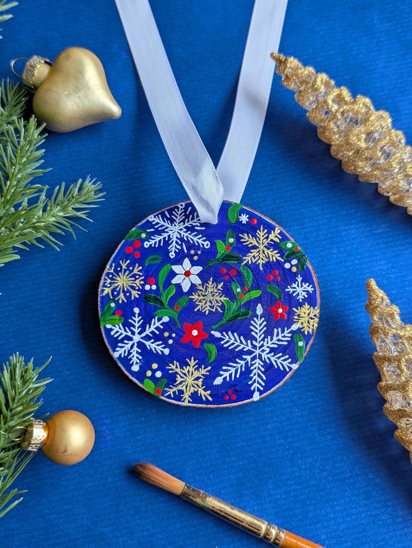Hand-Painted Wood Slice Christmas Ornament: Blue Floral Snowflake Design