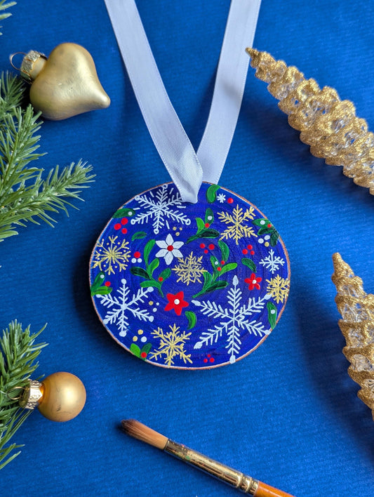 Hand-Painted Wood Slice Christmas Ornament: Blue Floral Snowflake Design