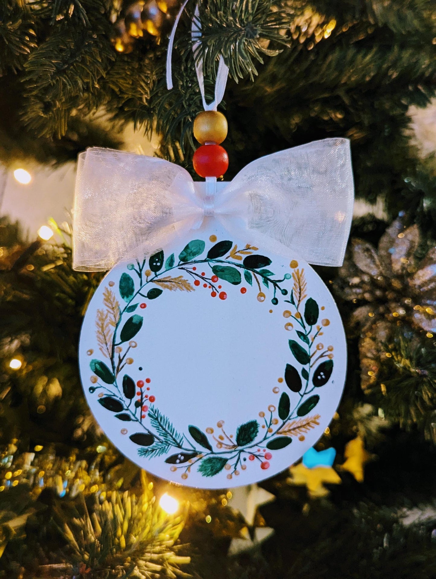 Hand-Painted Wooden Christmas Ornament: Wreath Design