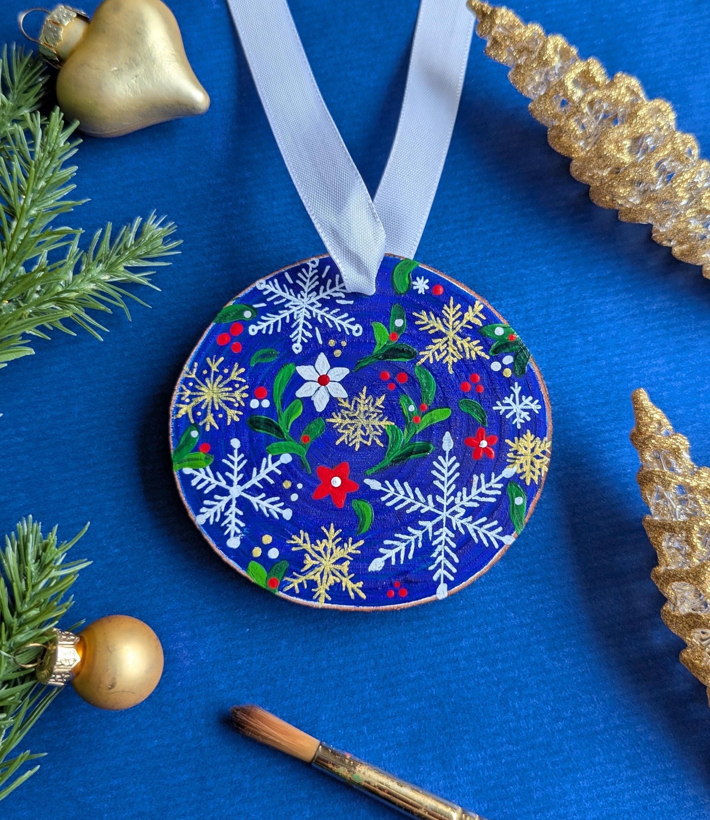 Hand-Painted Rustic Christmas Ornament: Red Floral Snowflake Wood Slice