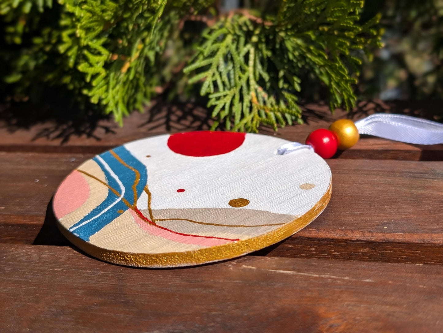 Hand-Painted Boho Christmas Ornaments: Wood Holiday Decor, Set of 2