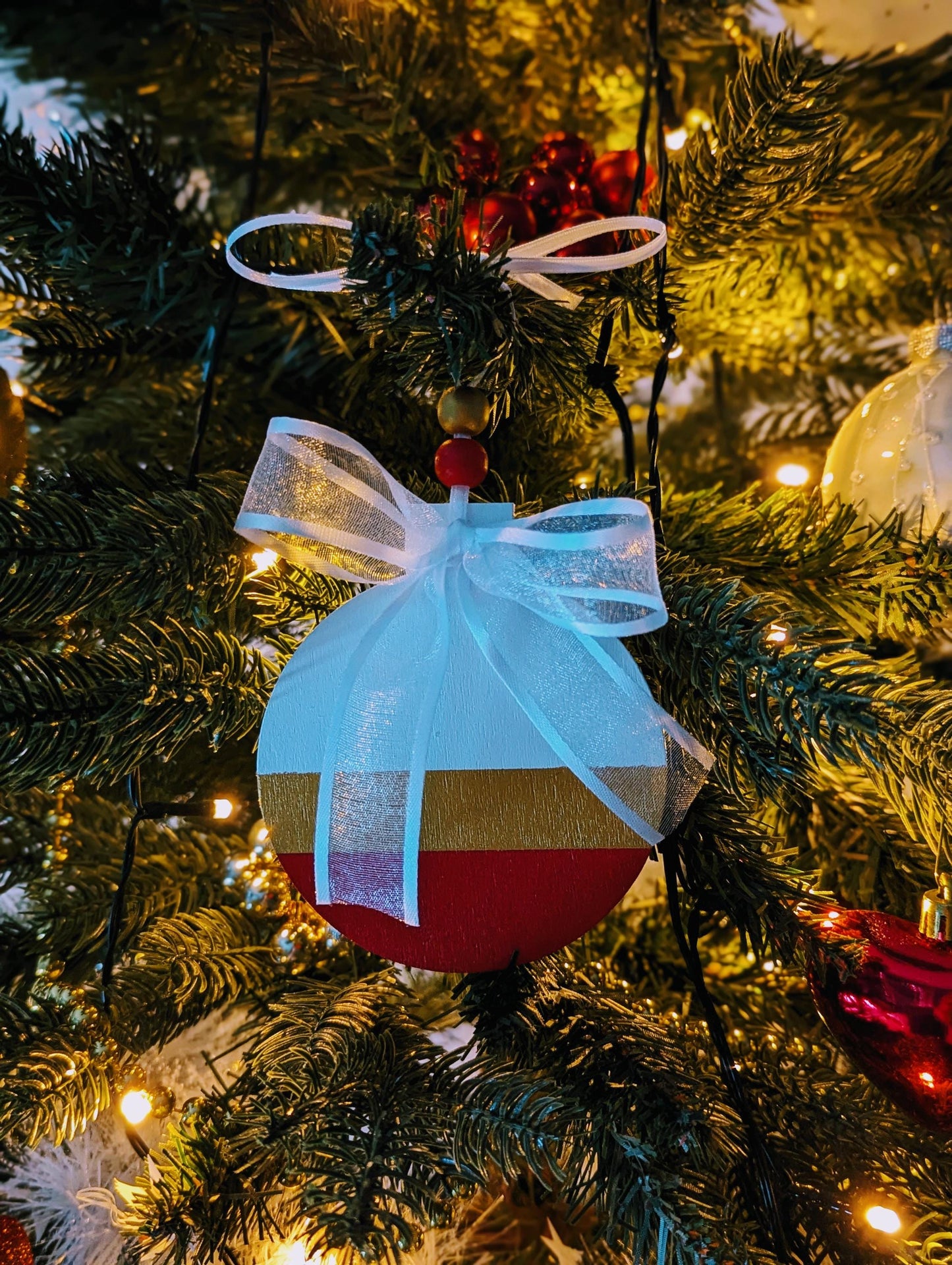 Hand-Painted Scandinavian Christmas Ornament: Gold & Beige Wood