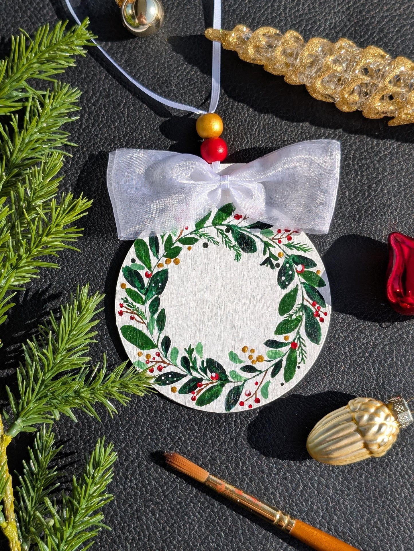 Hand-Painted Wooden Christmas Ornament: Wreath Design
