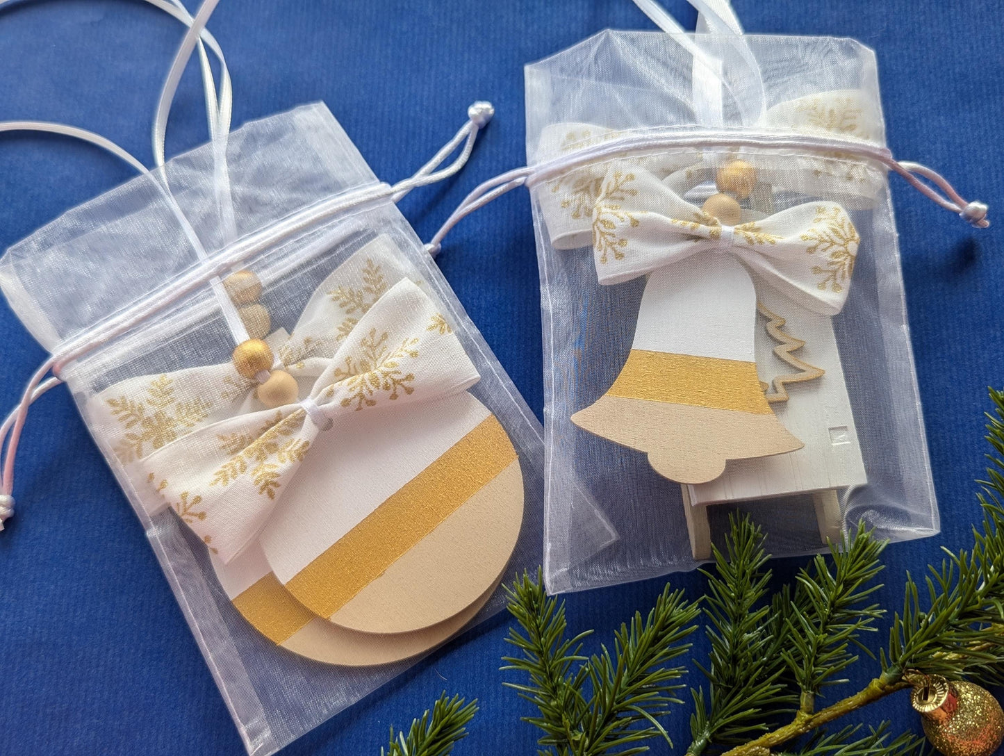 Scandinavian Christmas Ornaments Set: Hand-Painted Wood, Gold Accent