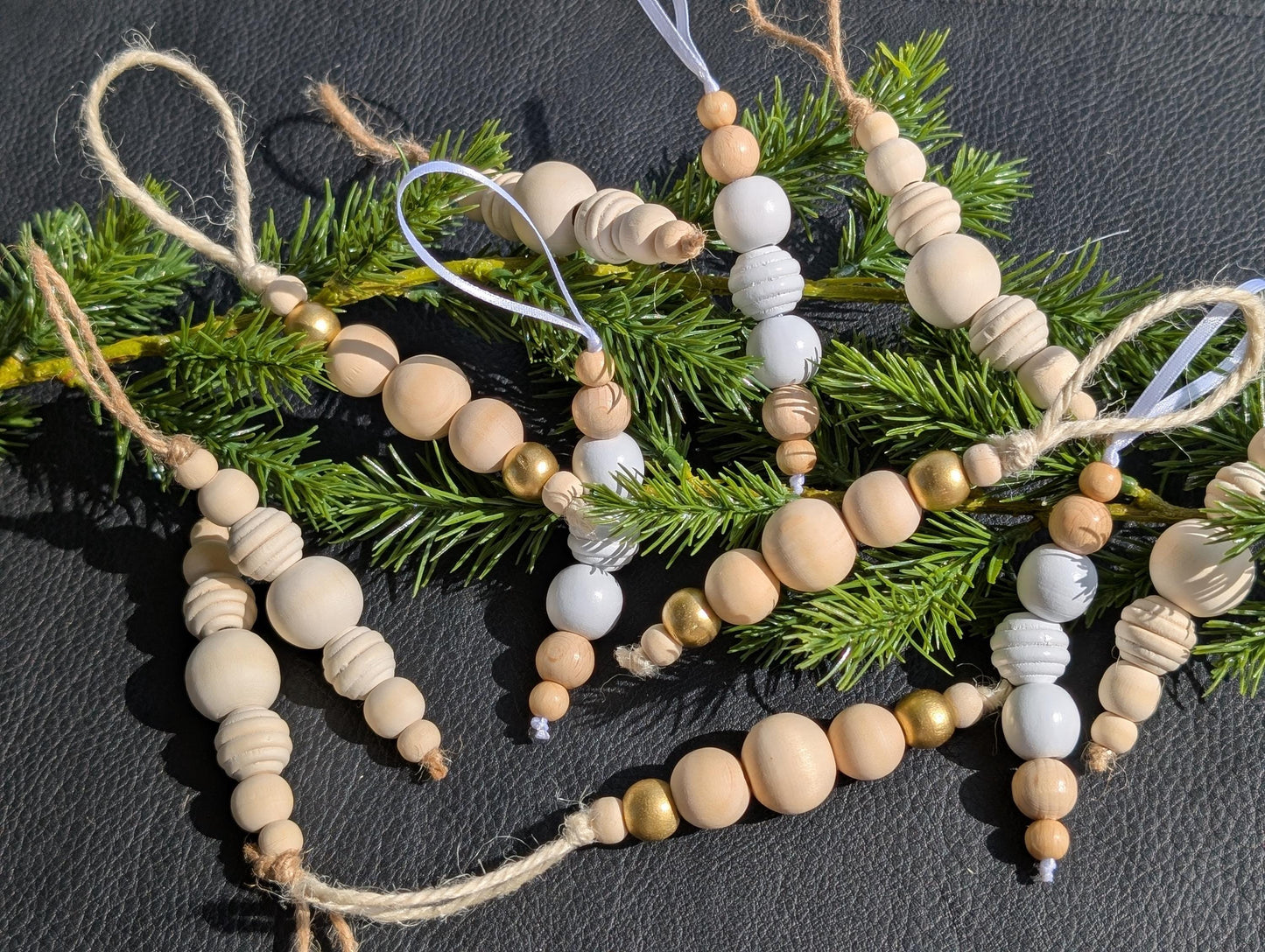 Handmade Wooden Bead Christmas Ornament Set: Rustic Holiday Decor