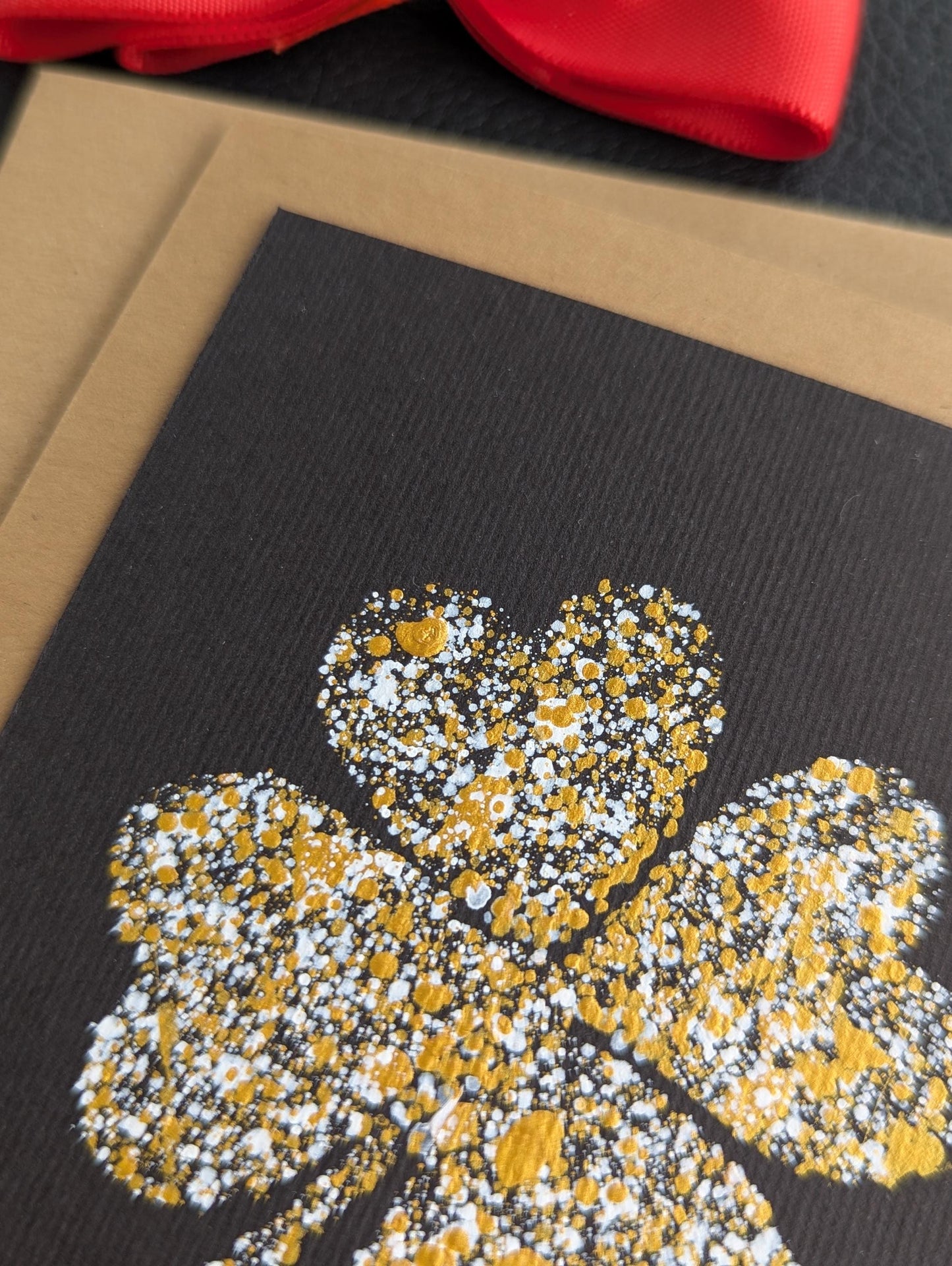 Hand Painted Acrylic Good Luck Card: Black, Green & Gold