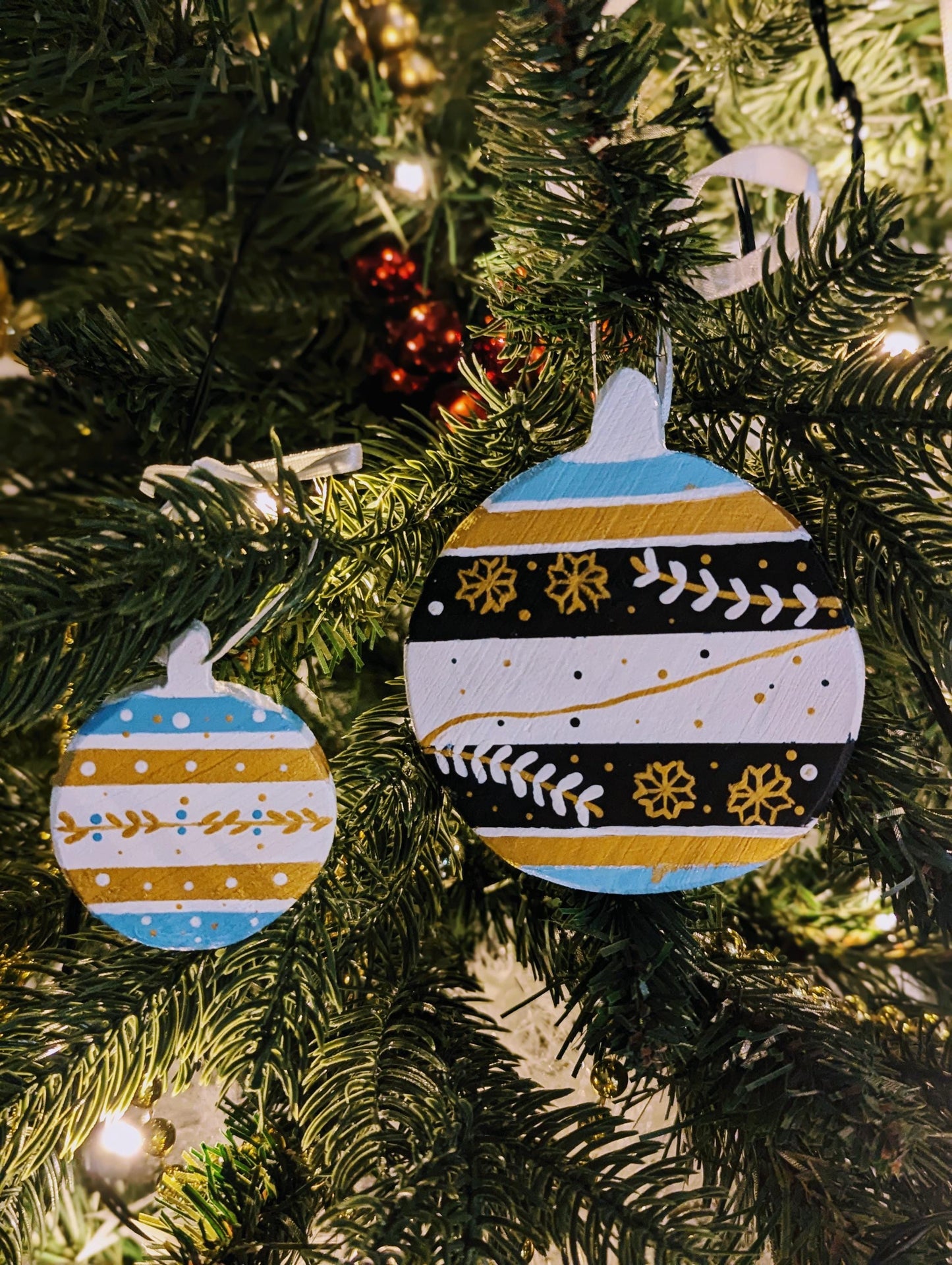 Boho Christmas Ornament Set: Hand-Painted Wooden Holiday Decorations